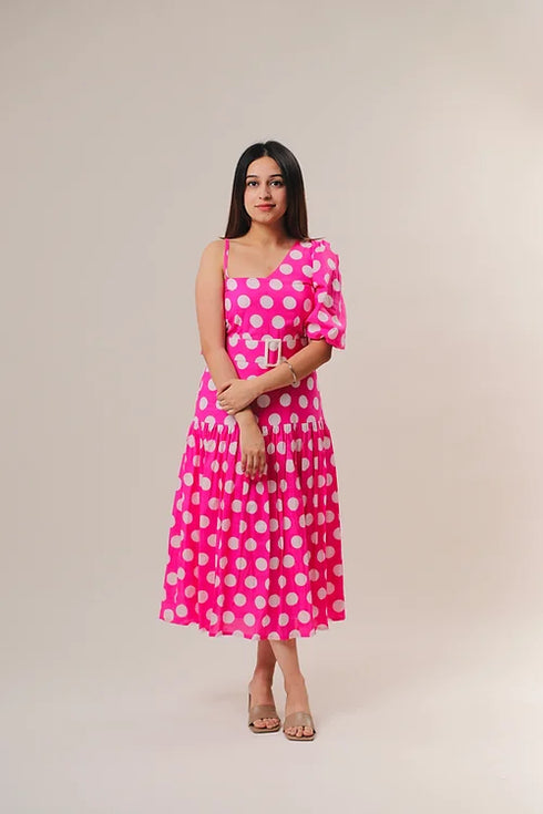 Pink And White Polka Dots Midi Dress